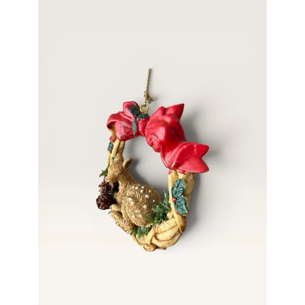 Silvestri Deer Fawn Wreath Ornament Christmas Tree Holiday Red Bow Resin Vintage